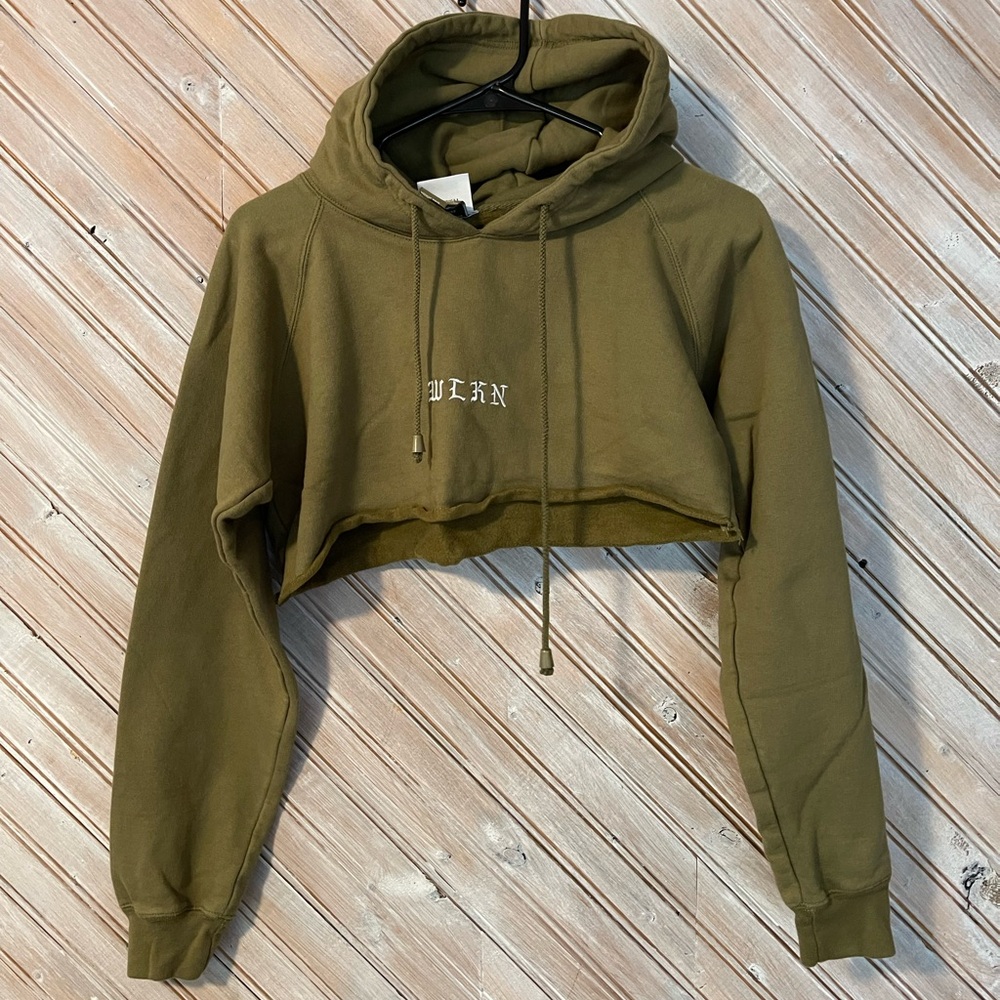 WLKN Olive Green Super Short Crop Hoodie with Strings Embroidered Logo